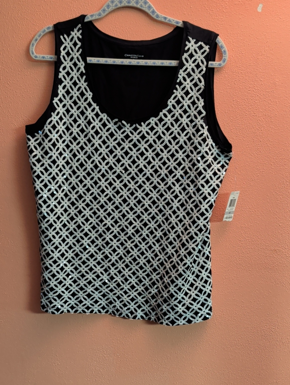 Charter Club Black Tank with White Lattice Detail